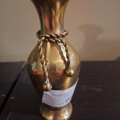  vintage solid brass vase with a decorative twisted rope accent and a flared neck. 