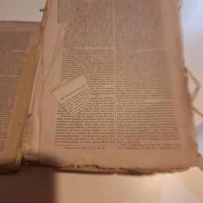 This is a WELL used large bible, has to be tied with string to hold the cover.  See all photos.
