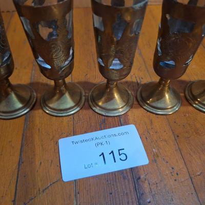 set of six vintage Mexican brass overlay cordial or shot glasses with etched floral designs