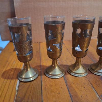 set of six vintage Mexican brass overlay cordial or shot glasses with etched floral designs
