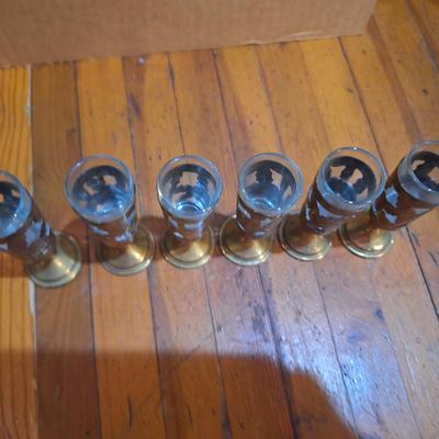 set of six vintage Mexican brass overlay cordial or shot glasses with etched floral designs