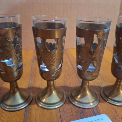 set of six vintage Mexican brass overlay cordial or shot glasses with etched floral designs