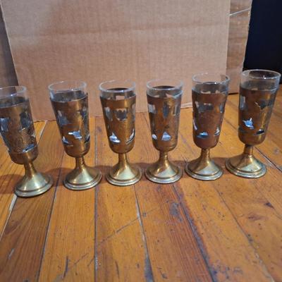 set of six vintage Mexican brass overlay cordial or shot glasses with etched floral designs