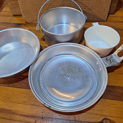 camping aluminum fry pan , lid, dish and cup