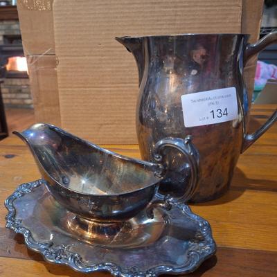 silver-plate pitcher and gravy boat
