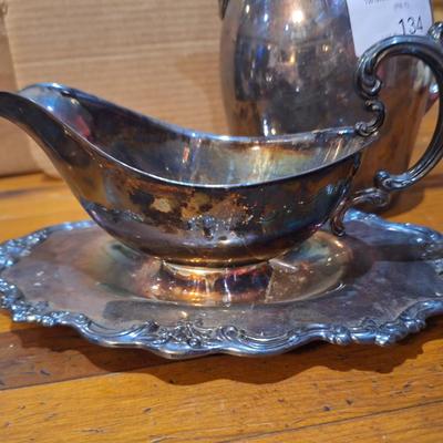 silver-plate pitcher and gravy boat