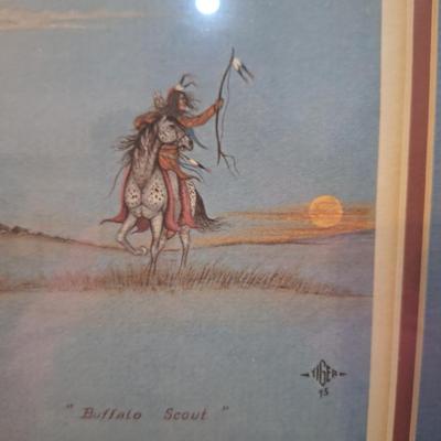 Small print titled "Buffalo Scout" by Johnny Tiger, print 1987 /3000 in frame