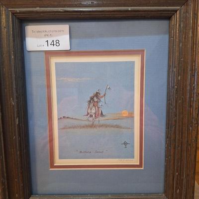 Small print titled "Buffalo Scout" by Johnny Tiger, print 1987 /3000 in frame
