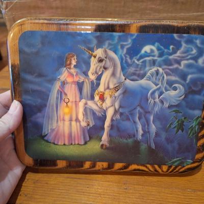  vintage Sue Dawe unicorn lacquered wooden plaque. Princess and Unicorn