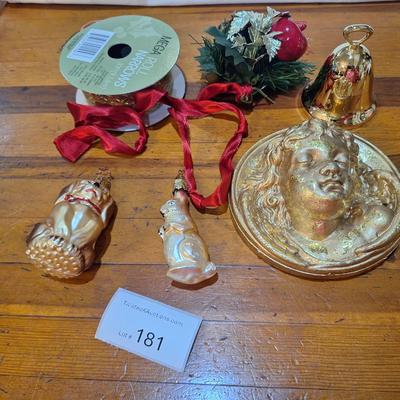 2 blown glass ornmanets and misc other Christmas items.