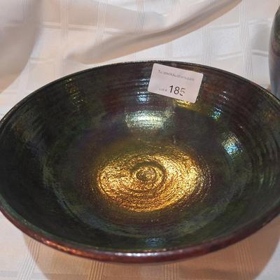 Glazed pottery bowl and vase, signed by "Janelle"