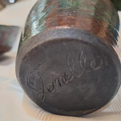 Glazed pottery bowl and vase, signed by "Janelle"