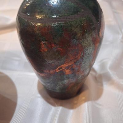 Glazed pottery bowl and vase, signed by "Janelle"