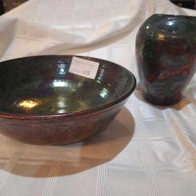 Glazed pottery bowl and vase, signed by "Janelle"