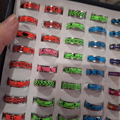 stainless steel or alloy rings and other rings in various sizes in a display tray