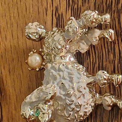 vintage Griffith gold tone and rhinestone poodle dog brooch in box.