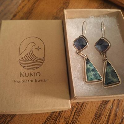 Kukio handmade earrings with blue and green stones 