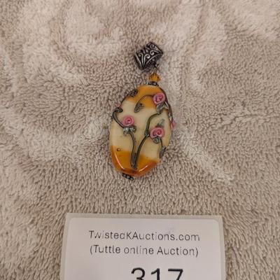 vintage pendant with oval stone and pink rose embellishments