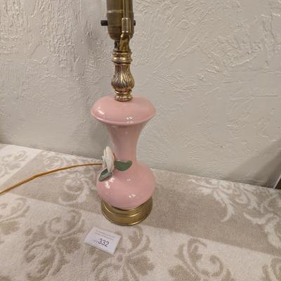 Vintage Pink Alacite glass lamp with flower on it.  Brand unknown see all photos. Flower has a Capodimonte like style to it.