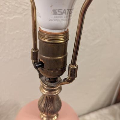 Vintage Pink Alacite glass lamp with flower on it.  Brand unknown see all photos. Flower has a Capodimonte like style to it.