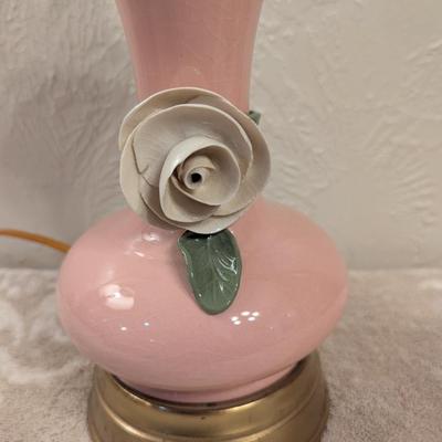 Vintage Pink Alacite glass lamp with flower on it.  Brand unknown see all photos. Flower has a Capodimonte like style to it.