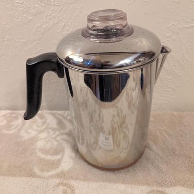  Revere Ware copper-clad stainless steel stovetop coffee percolator. 