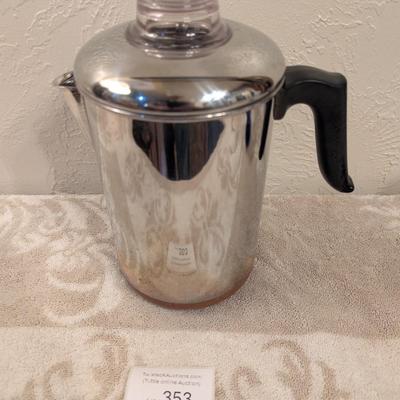  Revere Ware copper-clad stainless steel stovetop coffee percolator. 