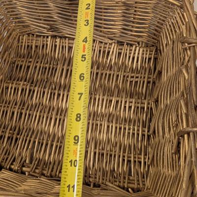 rectangular woven wicker storage basket with handles. 