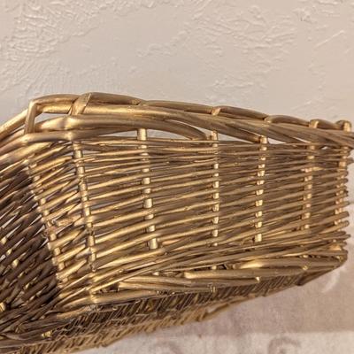rectangular woven wicker storage basket with handles. 