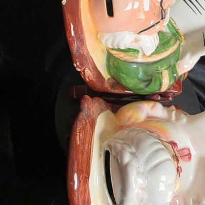 Vintage Lefton “Retirement Fund” Grandma & Grandpa Ceramic Piggy Bank Pair – Hand Painted Japan