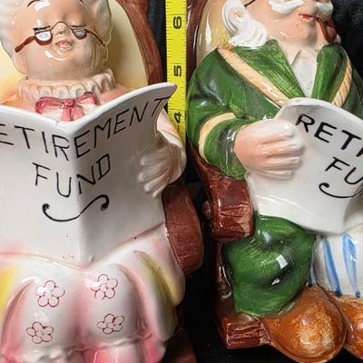 Vintage Lefton “Retirement Fund” Grandma & Grandpa Ceramic Piggy Bank Pair – Hand Painted Japan