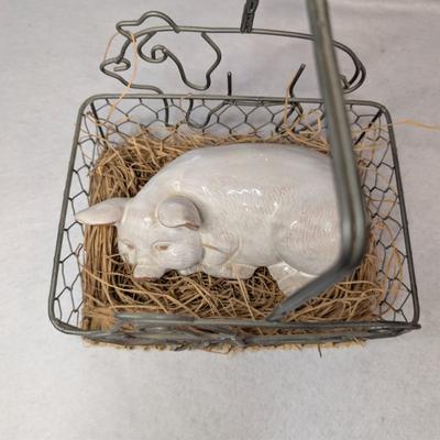 Sale Photo Thumbnail #84: 3 Pigs: 1 Ceramic: 11"x6" 1 Ceramic Pig in basket: 9"x5" 1 Cloth Pig: 14"