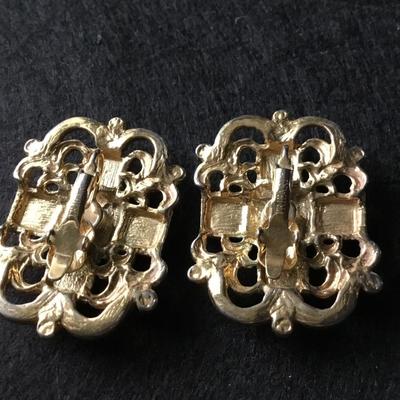 Vintage gold tone clip on earrings with black square crystals like by trifari