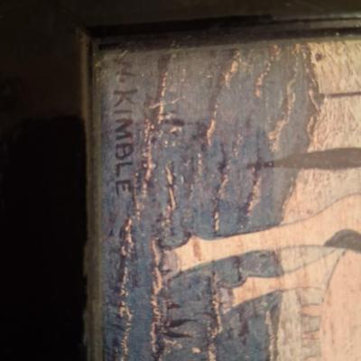 Sale Photo Thumbnail #118: Excellent condition.  I believe it to be the original frame with new backing. Framer has signed the back. This gentleman was a local framer who framed for the local Antique Mall.

Warren Kimble signed Lower left. Love this "Big Cow"