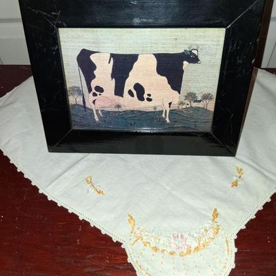 Sale Photo Thumbnail #121: Excellent condition.  I believe it to be the original frame with new backing. Framer has signed the back. This gentleman was a local framer who framed for the local Antique Mall.

Warren Kimble signed Lower left. Love this "Big Cow"