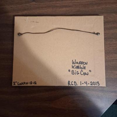 Sale Photo Thumbnail #117: Excellent condition.  I believe it to be the original frame with new backing. Framer has signed the back. This gentleman was a local framer who framed for the local Antique Mall.

Warren Kimble signed Lower left. Love this "Big Cow"