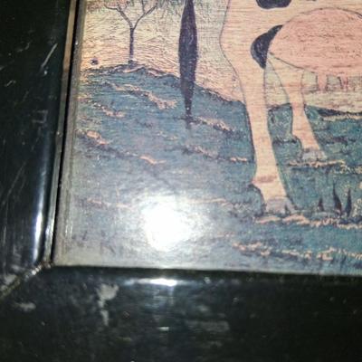 Sale Photo Thumbnail #119: Excellent condition.  I believe it to be the original frame with new backing. Framer has signed the back. This gentleman was a local framer who framed for the local Antique Mall.

Warren Kimble signed Lower left. Love this "Big Cow"