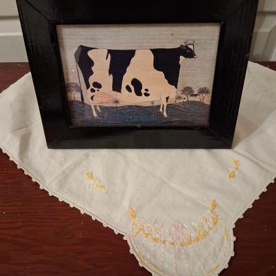 Sale Photo Thumbnail #122: Excellent condition.  I believe it to be the original frame with new backing. Framer has signed the back. This gentleman was a local framer who framed for the local Antique Mall.

Warren Kimble signed Lower left. Love this "Big Cow"