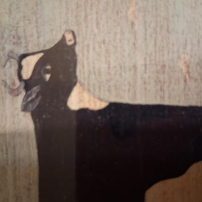 Sale Photo Thumbnail #123: Excellent condition.  I believe it to be the original frame with new backing. Framer has signed the back. This gentleman was a local framer who framed for the local Antique Mall.

Warren Kimble signed Lower left. Love this "Big Cow"