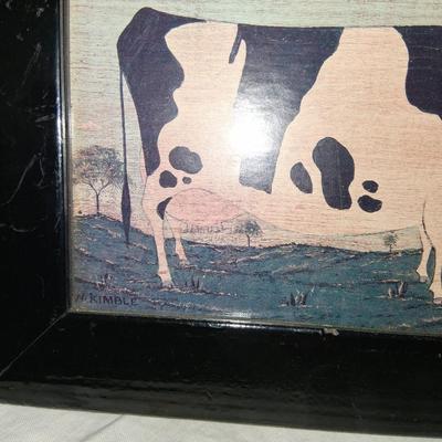 Sale Photo Thumbnail #120: Excellent condition.  I believe it to be the original frame with new backing. Framer has signed the back. This gentleman was a local framer who framed for the local Antique Mall.

Warren Kimble signed Lower left. Love this "Big Cow"