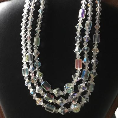Vintage three strand aurora boreal crystal bead necklace