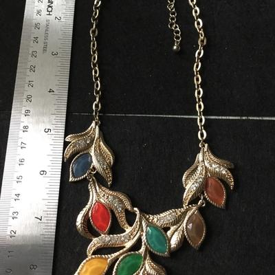 Gold tone multicolor leaf shaped necklace