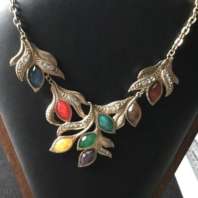 Gold tone multicolor leaf shaped necklace