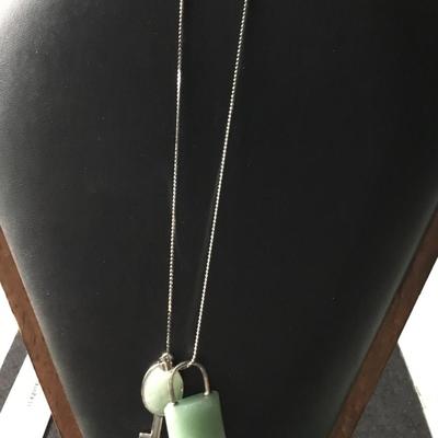 Green aventurine set of lock and key pendant silver tone