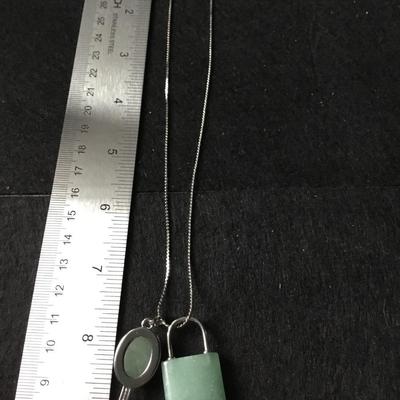 Green aventurine set of lock and key pendant silver tone
