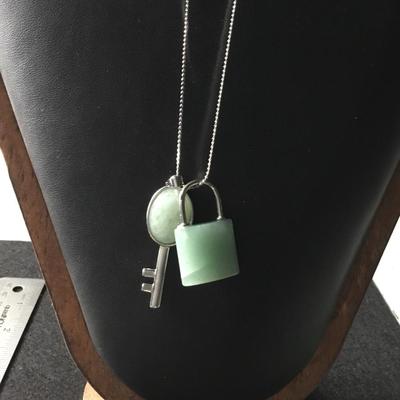 Green aventurine set of lock and key pendant silver tone