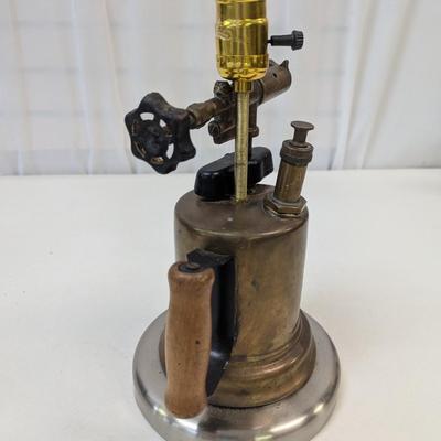 Vintage Brass Blow Torch Tool w/ Wood Handle Lamp