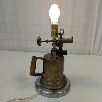 Vintage Brass Blow Torch Tool w/ Wood Handle Lamp