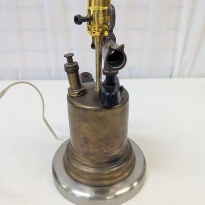 Vintage Brass Blow Torch Tool w/ Wood Handle Lamp