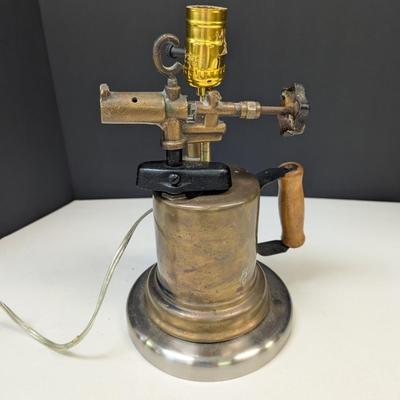 Vintage Brass Blow Torch Tool w/ Wood Handle Lamp